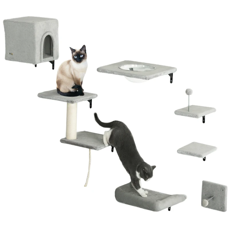 PawHut Cat Wall Shelves, 7Pcs Cat Wall Furniture Set with Shelves and Perches, House, Sisal Post Ladder, Bed & Ball, for Climbing, Sleeping, Playing, Grey