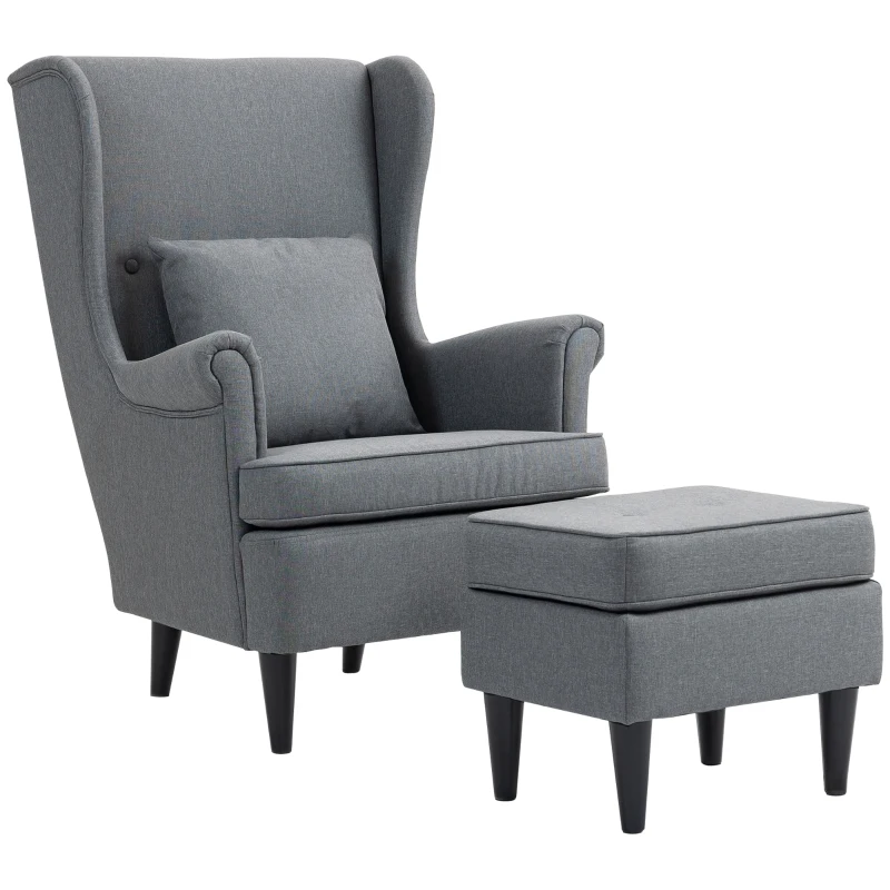 HOMCOM Oorfauteuil met Hocker in Linnen Look, Lendekussen, Loungefauteuil Modern Relaxfauteuil met Armleuning voor Woonkamer Grijs