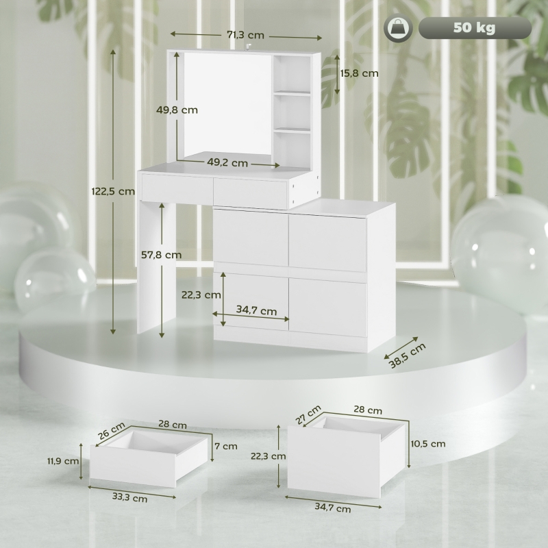 Toaletka kosmetyczna z lustrem, 4 szuflady, 3 półki