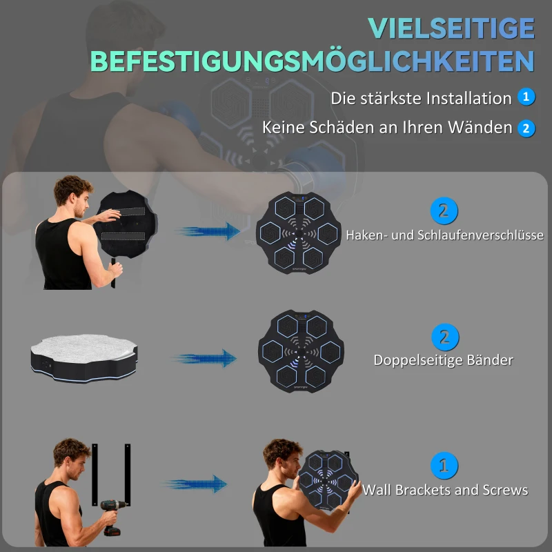 SPORTNOW Maszyna do Boksowania z Muzyką, elektroniczna maszyna do boksowania Bluetooth, 9 prędkości, 3 tryby, ściana do boksowania z inteligentnymi diodami LED, dla dorosłych, ćwiczenia w domu, Czarna