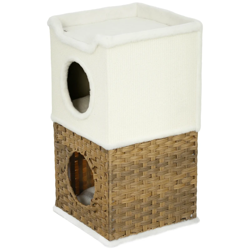PawHut Cat Scratching Barrel, Cat Tree Tower with Sisal Scratching Post, 3-Level Design Condo with 2 Entrances, 2 Cushions, 75.5H cm, Cream