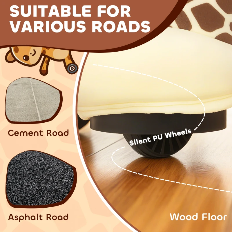 AIYAPLAY Elektryczny pojazd dla dzieci w kształcie żyrafy, zasilany baterią 6V, z muzyką, pedałem, zdejmowanym pokrowcem z pluszu, cichymi kołami, prędkością 1,8-3 km/h, dla dzieci w wieku 1,5-5 lat, kolor brązowy