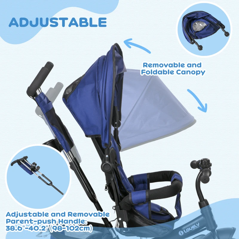 HOMCOM Trójkołowiec 6-w-1 z pchaczem, trójkołowiec dziecięcy z demontowalnym daszkiem przeciwsłonecznym, poduszką, rower biegowy z 5-punktowym pasem bezpieczeństwa, koszem, uchwytem na kubek, dla dzieci od 1 do 5 lat, Granatowy