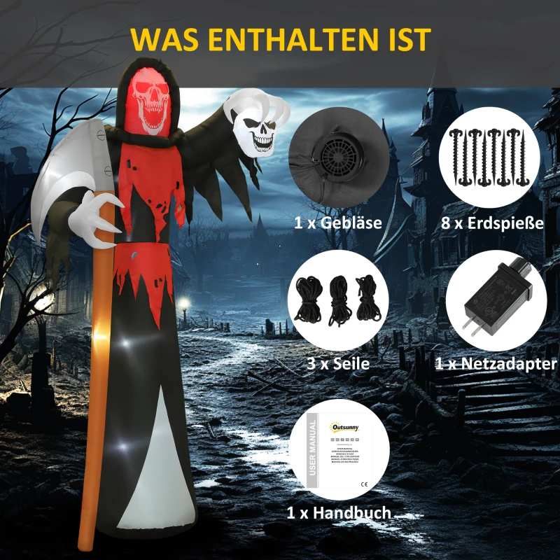 Dekoracja Outsunny na Halloween 3,7 m gigantyczny Kostucha z oświetleniem LED Świecąca figurka nadmuchiwana do użytku zewnętrznego, IP44