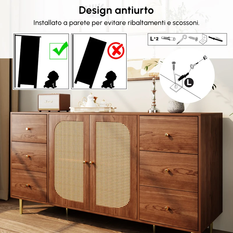 Credenza in rattan con cassetti per cucina e soggiorno, 160x40x90 cm, Marrone