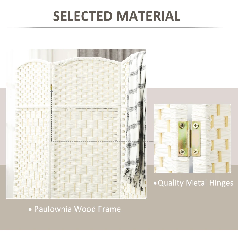 HOMCOM Parawan, 4-częściowa składana ścianka działowa, plecionka, drewno sosnowe, Biały