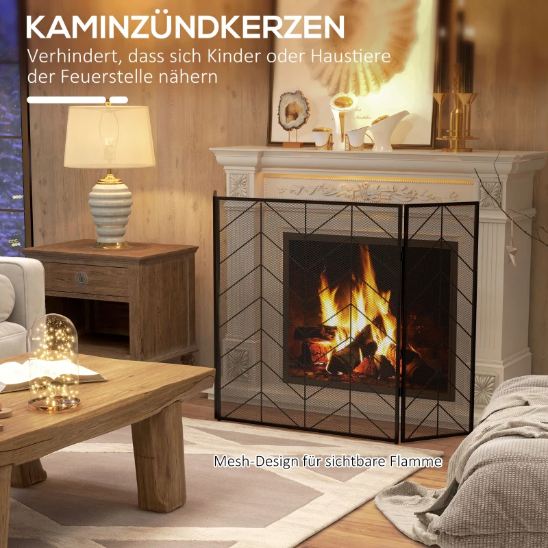 Osłona kominkowa, składana z 3 panelami, 135 x 85 cm, Czarna