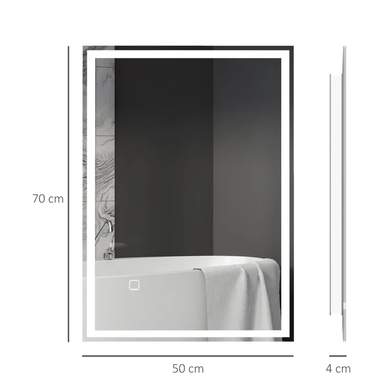 HOMCOM Lustrzane oświetlenie łazienkowe z lampką LED, 80 x 60 cm, lustrzane odbicie na ścianie z bezmgłowym lustrem z przełącznikiem dotykowym, IP44