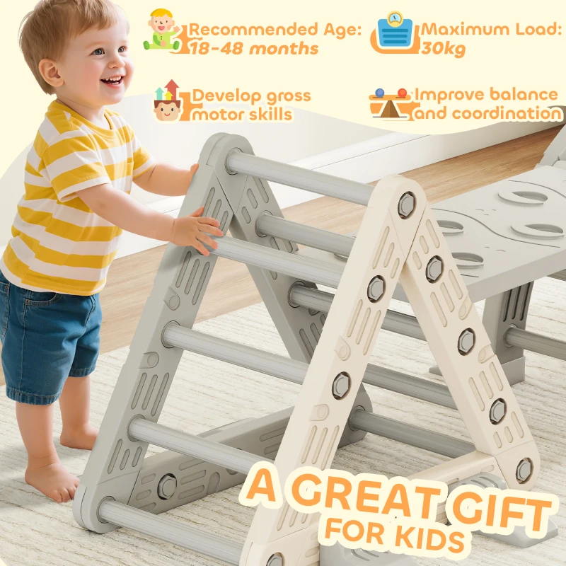 AIYAPLAY Drabinki Kryte, 5 w 1 Trójkąt do wspinaczki z zjeżdżalnią, Łuk, w zestawie dwustronna rampa, Plac zabaw kryty dla dzieci 18-48 miesięcy, Szary+Biały