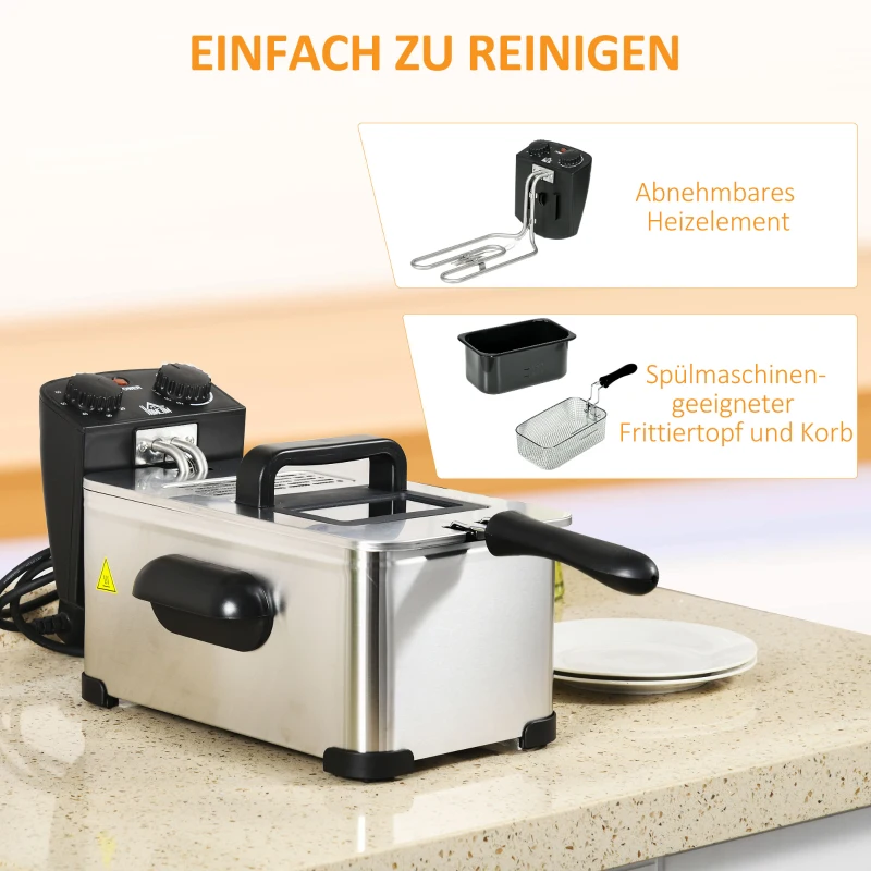 HOMCOM Frytkownica, Pojemność 3 Litry, Moc 2000W, Przezroczysta Pokrywa, Uchwyt Chłodny w Dotyku, Czarna