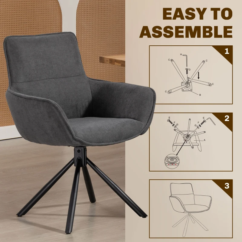 HOMCOM 360° Swivel Dining Chairs Set of 2, Ergonomic Upholstered Kitchen Chairs with Arms, Backrest and Steel Legs for Living Room, Dark Grey