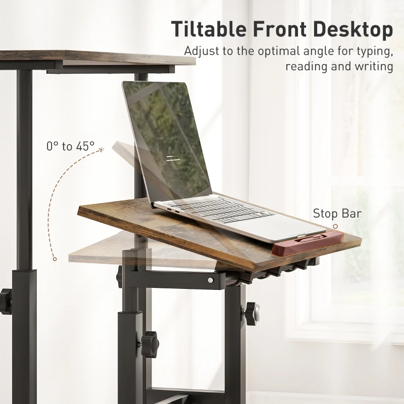 Regulowane Biurko HOMCOM z Półką, Kółkami, Biurko Komputerowe, Stół Roboczy, Rustykalny Brąz 60 x 60 x 70,5-120 cm