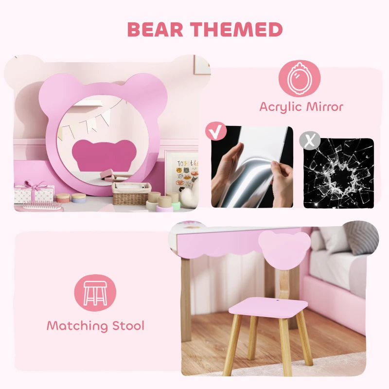 AIYAPLAY Two-Piece Kids Vanity Table Set with Mirror and Stool, Bear-Shaped Makeup Dressing Table Set with Drawer for Toddlers Ages 3-8 Years, Pink