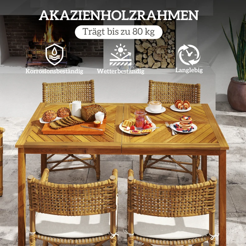 Outsunny Garden Table with Parasol Hole for 6 Person, Acacia Wood Rectangle Outdoor Dining Table with Slatted Tabletop for Patio, Balcony, 150 x 85 x 75 cm, naturalne drewno