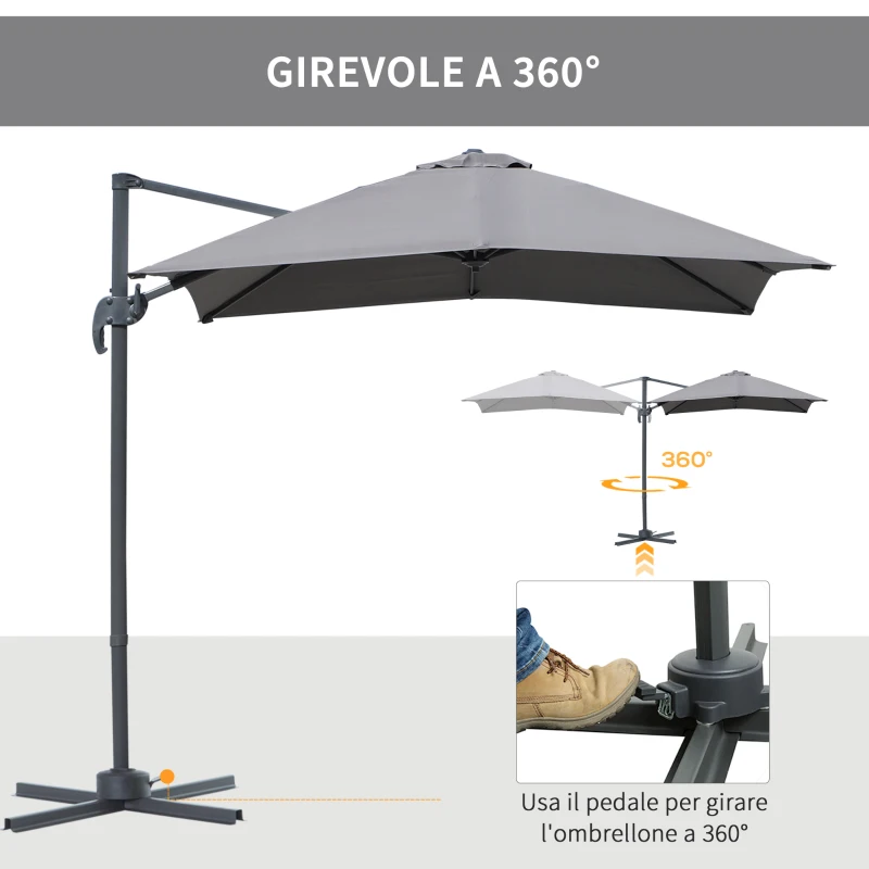 Outsunny Ombrellone da Giardino a Manovella 245x245cm con Rotazione 360° Parasole Regolabile Grigio