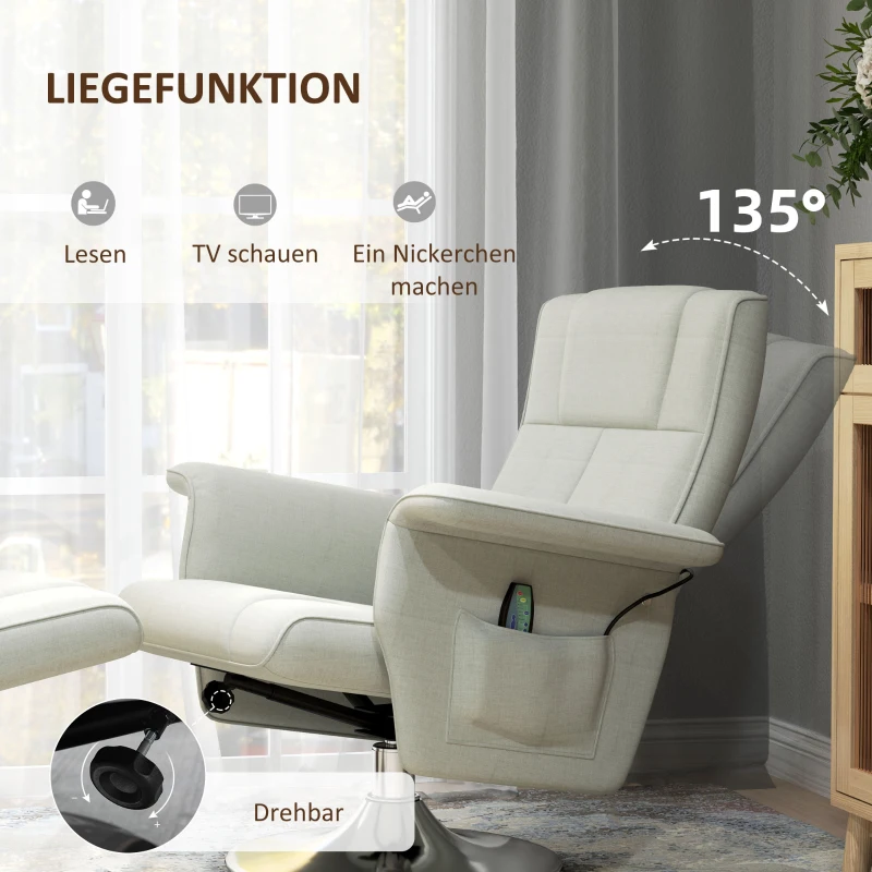Fotel masujący z podnóżkiem, funkcja leżenia, kremowy