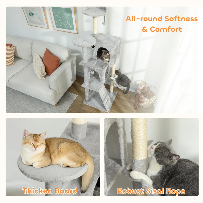 PawHut Drapak dla kota, 160 cm wysokości, z 2 jaskiniami, koszem, hamakiem, 2 kulkami, łóżkiem dla kota z wzorem kocim, drapakiem z sizalowymi słupkami, pluszem, dla 1-3 kotów do 5 kg, jasnoszary