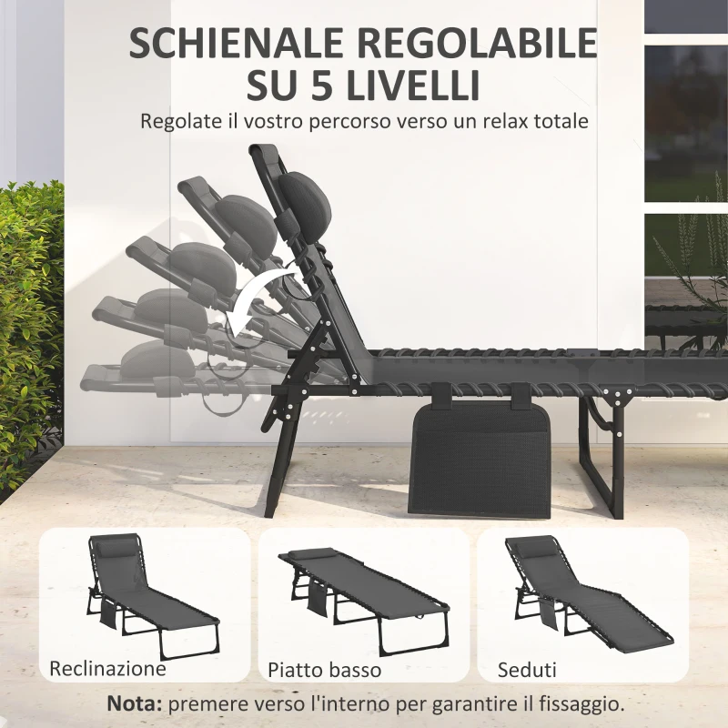 Outsunny Sdraio da Giardino Pieghevole con Schienale Reclinabile su 5 Posizioni e Cuscino, 185x58x30cm, Nero