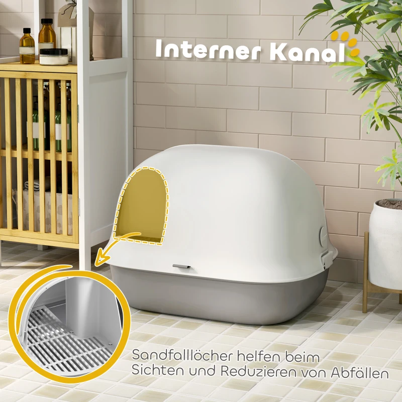 PawHut Cat Litter Box with Lid, Cat Litter Tray with Internal Channel, Door, Front Opening, Scoop, Easy Clean Hooded Cat Litter Box, Light Grey