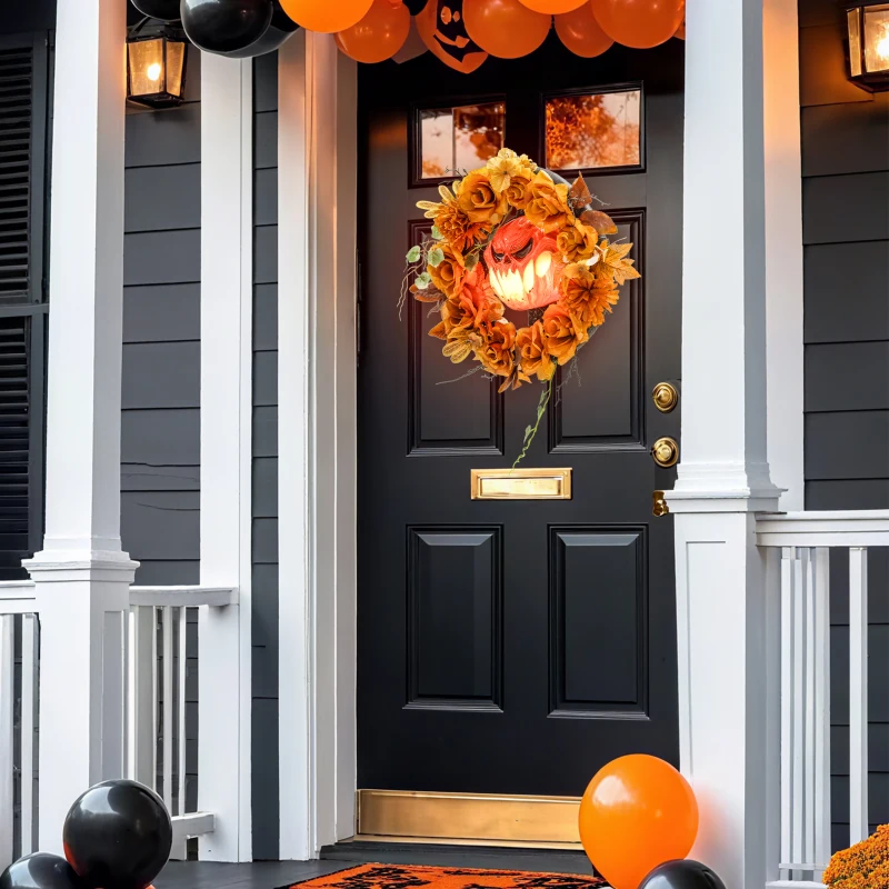 Dekoracja Outsunny na Halloween – Wiszący Wieniec z Dynią z 44 LED-ami o Efekcie Płomienia, Dekoracja Drzwi Wejściowych z Upiorczą Twarzą Dyni i Kwiatami, Dekoracja Ogrodowa na Imprezę