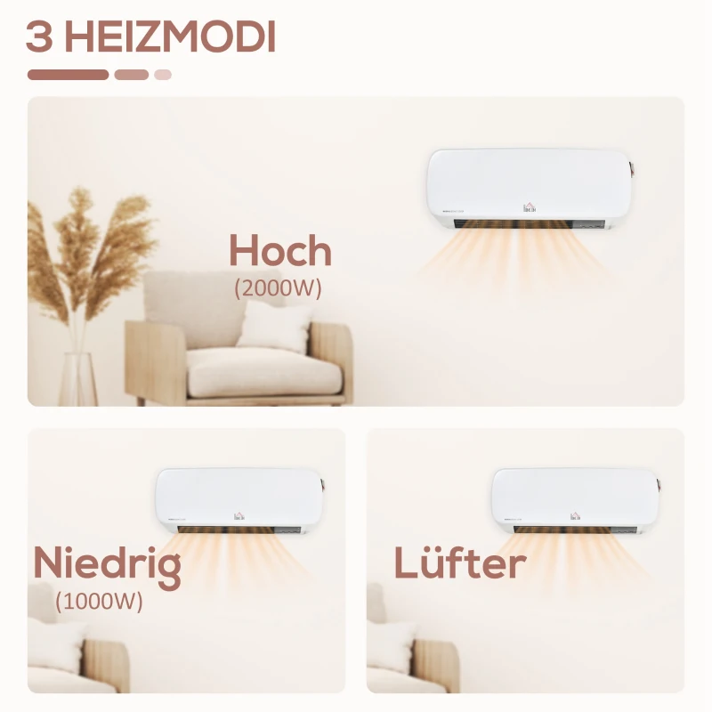 HOMCOM Grzejnik ścienny 2000W, ceramiczny z pilotem zdalnego sterowania, 2 tryby grzewcze, wyświetlacz LED, z timerem 12h, szybki grzejnik do salonu, sypialni, łazienki, biura