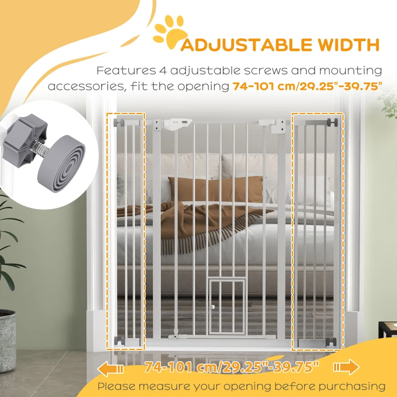 PawHut Zabezpieczenie drzwiowe, zabezpieczenie schodowe bez wiercenia, z drzwiami dla psów i kotów, zabezpieczenie dla zwierząt, 74-101 cm, z automatycznie zamykanymi podwójnymi zamkami, stal, biały