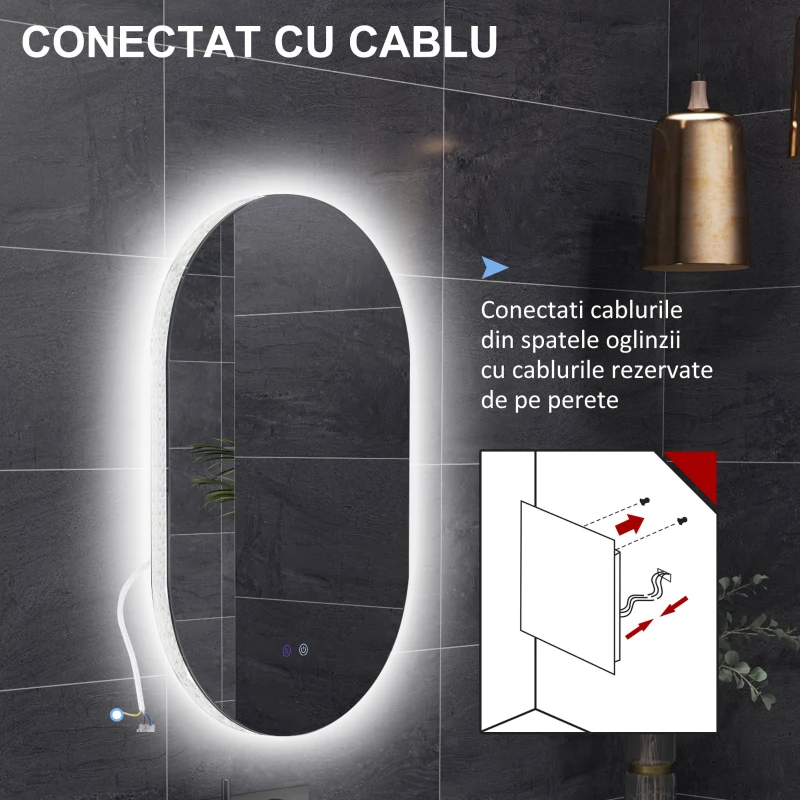 kleankin Oglindă de Perete cu Lumină LED în 3 Culori și Funcție Anti-Aburire, 81x51x4.5 cm, Transparent
