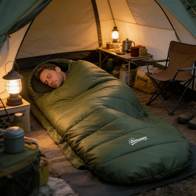 Outsunny Schlafsack, wasserdicht, leicht, gefüttert, Isolierung bis -20° C, 200L x 85B x 15H cm, Dunkelgrün