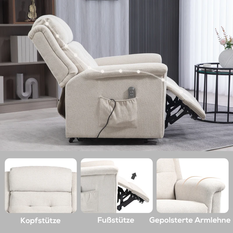 HOMCOM Fotel do telewizji z pomocą przy wstawaniu, elektryczny relax z funkcją leżenia, TV fotel z systemem sprężynowym, pilotem i kieszenią boczną, do salonu, jasnoszary