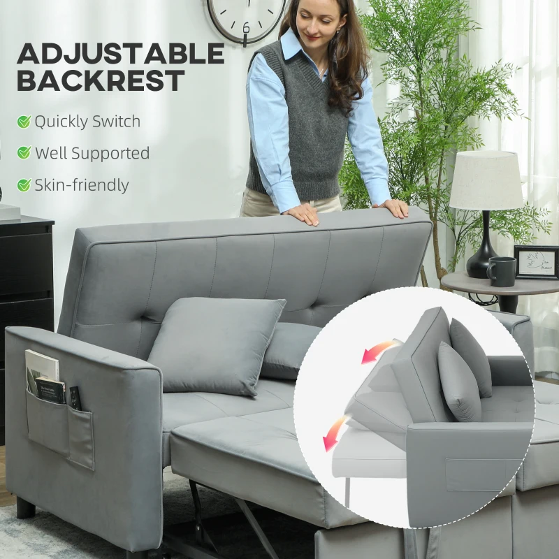 Sofa rozkładane 2-osobowe, welurowe, szare, z poduszkami