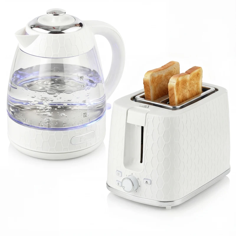 HOMCOM Kettle and Toaster Set, 1.7L 3000W Rapid Kettle with Limescale Filter, 2 Slice Toaster with 7 Browning Controls, Cream