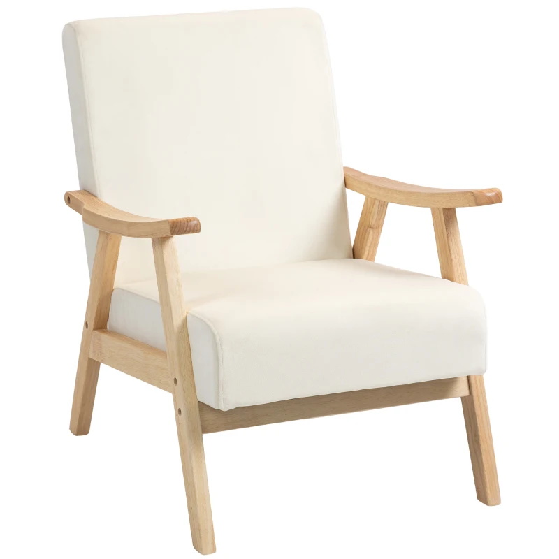 HOMCOM Nordic Accent Chair, Upholstered Velvet Armchair with Solid Wood Frame and Soft Thick Padded for Living Room, Bedroom, Cream White