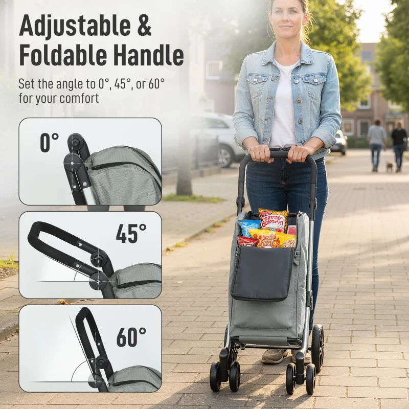 HOMCOM Wózek na zakupy, torba 46 litrów, składany wózek na zakupy z chłodziarką, regulowany uchwyt, rama aluminiowa, szary