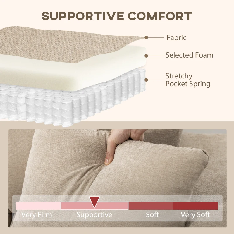 Narożna Sofa HOMCOM z Zmiennym Narożnikiem, Zintegrowane Siedzisko, Duża 3-osobowa Sofa w Kształcie Litery L z Sprężynowym Siedziskiem, 2 Poduszki, Stalowa Rama, Sofa do Salonu, Kolor Beżowy