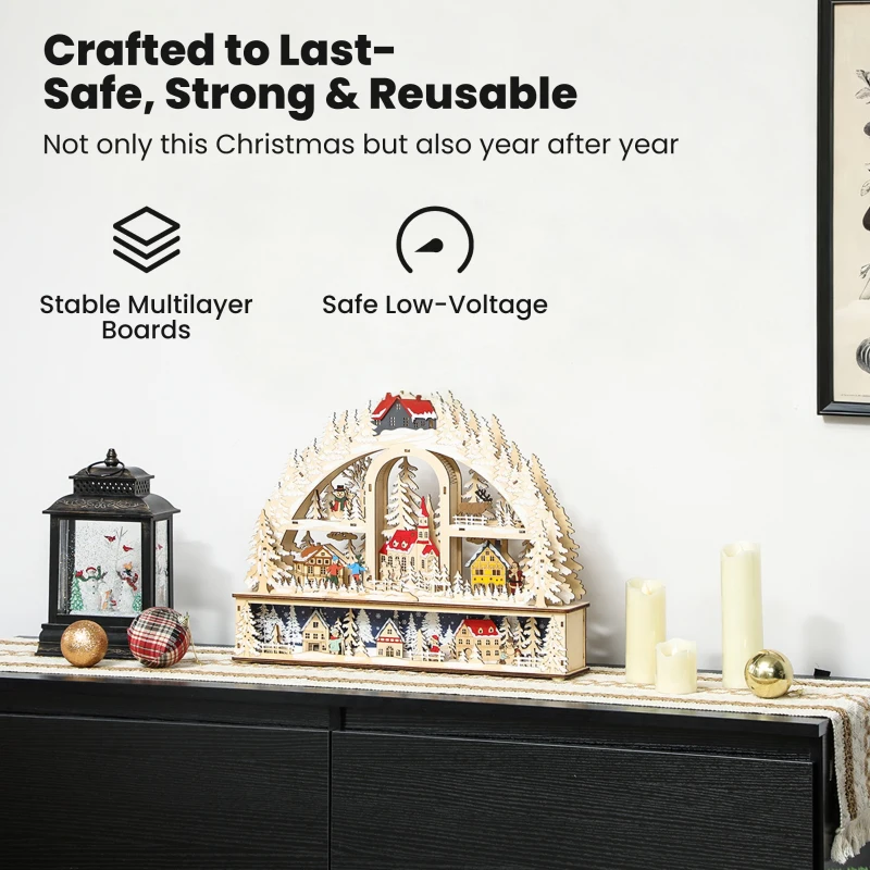 HOMCOM Wioska Świąteczna z Oświetleniem LED, 45 cm Miasteczko Świąteczne z Bałwanem, Reniferem i Drzewami, Wygląd Naturalnego Drewna, Zimowy Krajobraz na Boże Narodzenie