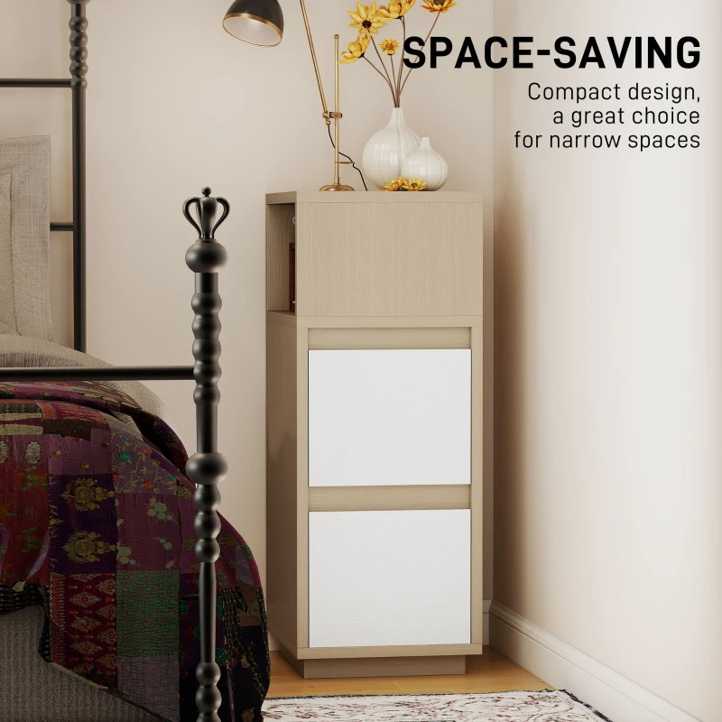 HOMCOM Slim Bedside Table, Narrow Bedside Cabinet with Open Shelf and 2 Drawers for Bedroom, Living Room, Natural Wood Finish