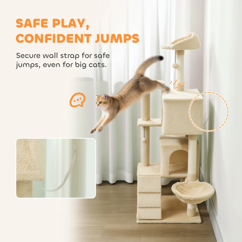 PawHut Drapak dla Kota 140 cm, Wieża z Hamakiem, Drabiną, Jaskinią, 2 Pluszowymi Piłkami, Słupkami Sizalowymi, Dużą Platformą, Wielopoziomowy Drapak dla Kotów, Drzewo Wspinaczkowe, dla Kotów do 5 kg, Beżowy