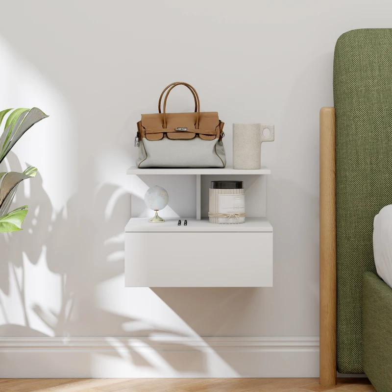 HOMCOM Stolik nocny zawieszany z szufladą, otwarta półka, biały, 39,8 x 35 x 31,6 cm