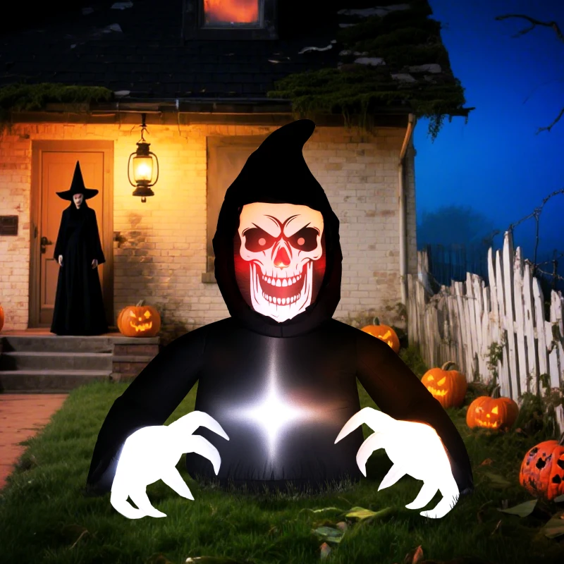 Outsunny Nadmuchiwany Śmierć z kosą, dekoracja na Halloween z LED, z dołączonym wentylatorem, 1,9 x 1,15 x 1,8 m, na zewnątrz, ogród, trawnik