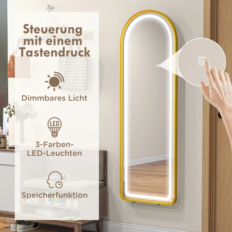 HOMCOM Arched Full Length Mirror with LED Lights, 152 x 50cm Floor Mirror, Free Standing, Wall Mount or Leaning, Dimmable Full Body Mirror with 3 Colour Lighting, Memory Function for Bedroom, Plug-in