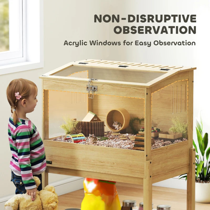 PawHut Hamster Cage, Elevated Design Rat Cage with Openable Top & Transparent Acrylic Windows, Storage Board, for Dwarf Hamster, Gerbil, Natural Wood