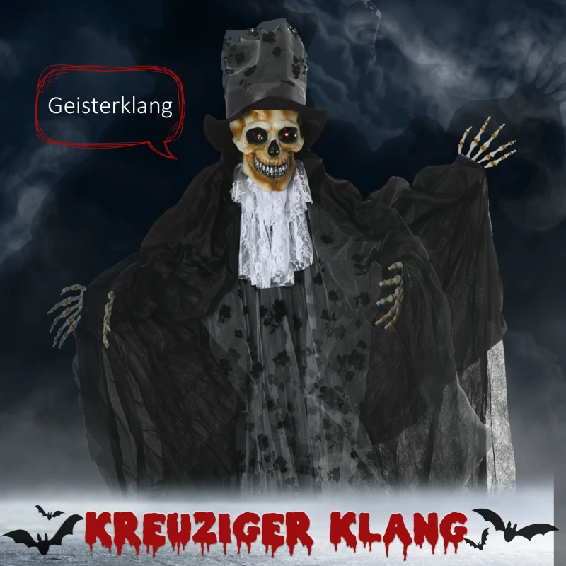 Outsunny 183cm Dekoracja Halloween Ruchomy Duch Pana Młodego w Naturalnej Wielkości z Szkieletem, Miga Oczami i Efektami Specjalnymi oraz Funkcją Dźwiękową