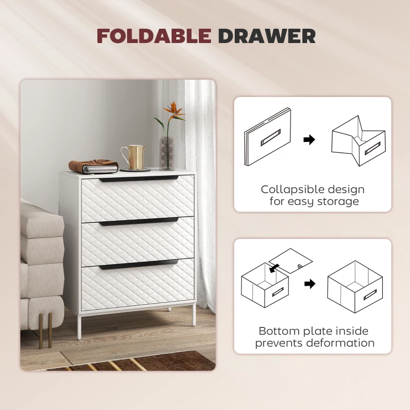 HOMCOM Chest of Drawers, Dresser with 3 Fabric Drawers and Aluminium Handles - White