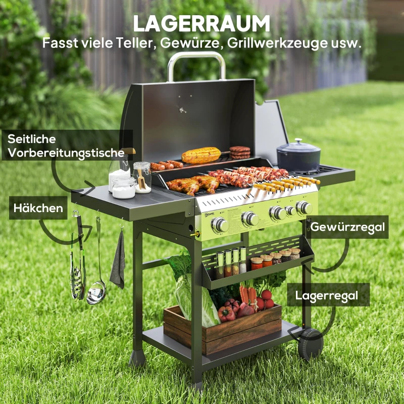 Grill gazowy 12 kW, 4+1 palników, stal nierdzewna, boczny palnik