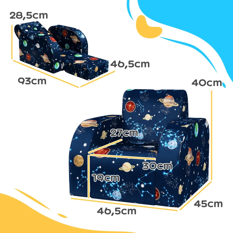 AIYAPLAY Fotelik dziecięcy 2 w 1 Składana sofa dziecięca z funkcją leżanka, wzór planet, Miękki fotel dla dzieci 1,5-3 lata, Pokój dziecięcy, Pokój do zabawy, Niebieski
