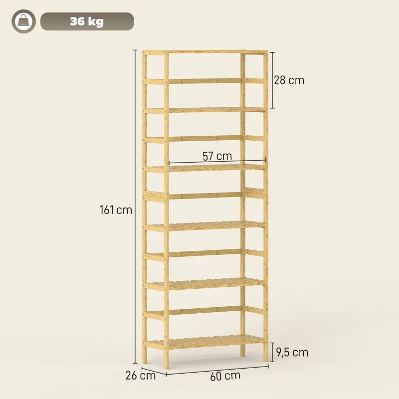 HOMCOM Regał łazienkowy, wolnostojący, bambusowy z 6 regulowanymi półkami, regał kuchenny, regał na książki, do salonu, korytarza, kuchni, 60 x 26 x 161 cm, naturalny