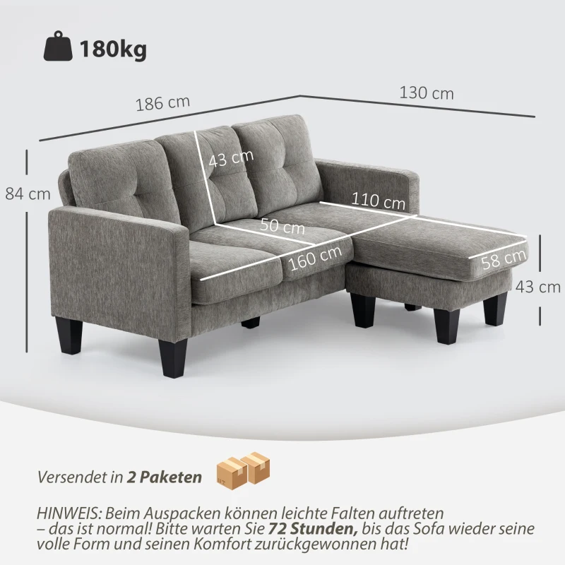 HOMCOM Sofa Narożna, Narożnik z Odwracalną Leżanką, Sofa w Kształcie L, Pikowana Narożna Sofa z Rdzeniem Sprężynowym, Stelaż z Stali, Wygląd Chenille, 186 x 130 x 84 cm, Brązowy