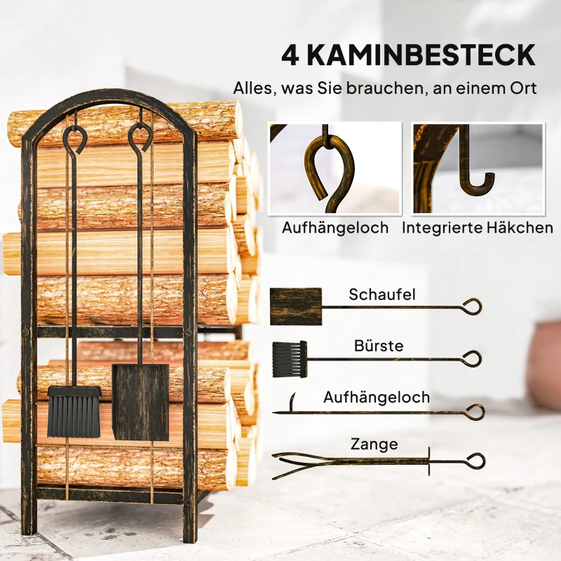Outsunny Regał na drewno kominkowe do wnętrz, 43 x 30 x 74 cm, dwupoziomowy, z 4 narzędziami kominkowymi, haczykami, stojak na drewno kominkowe, metalowy, czarny