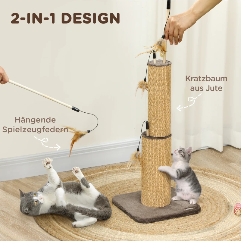 PawHut 2 in 1 Cat Scratching Post, 78cm Tall Cat Scratch Post with 3 Toy Feathers, Cat Scratcher Post for Indoor Cats and Kittens, Brown