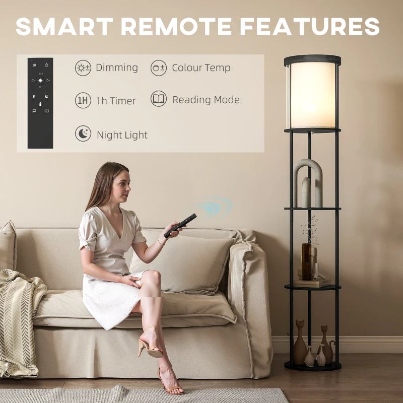 HOMCOM Lampa stojąca do salonu z 3 okrągłymi półkami, abażur z materiału, 3 kolory światła, wyłącznik nożny, czarna